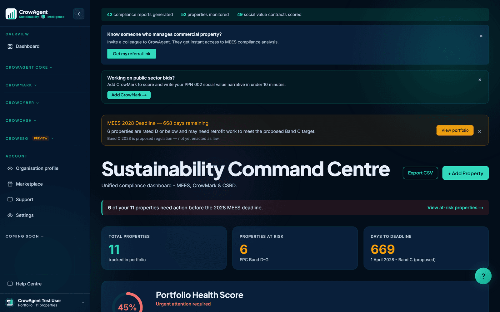CrowAgent Core sustainability command centre
