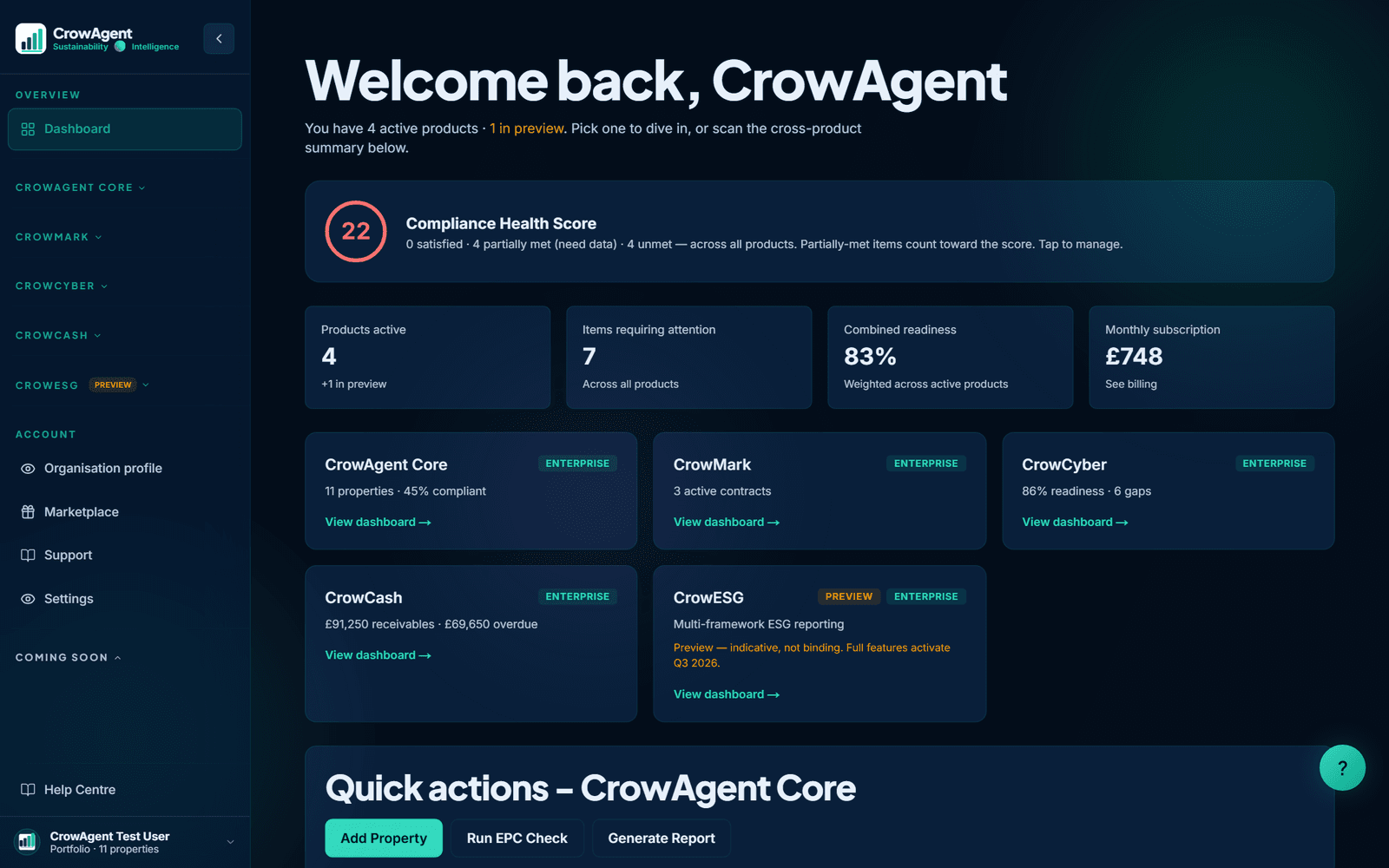 CrowAgent Core property portfolio dashboard
