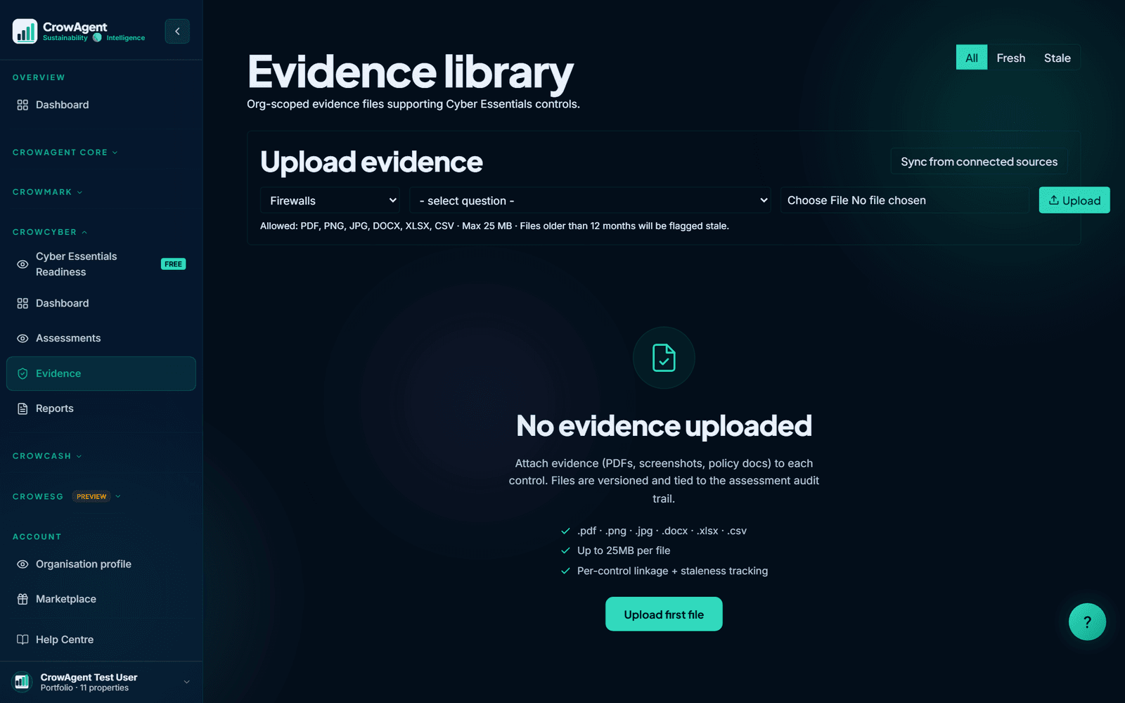 CrowCyber evidence library mapping each control to its supporting documents