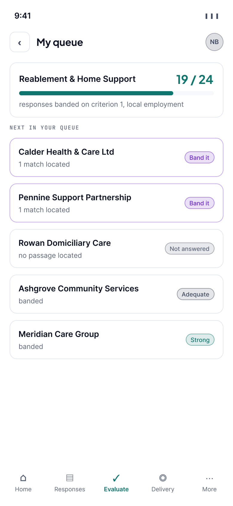 An evaluator queue on a phone, showing how many responses have been banded on the current criterion. Each supplier in the queue shows either a located match with a band-it action, no passage located, or the band already set, above a bottom tab bar.
