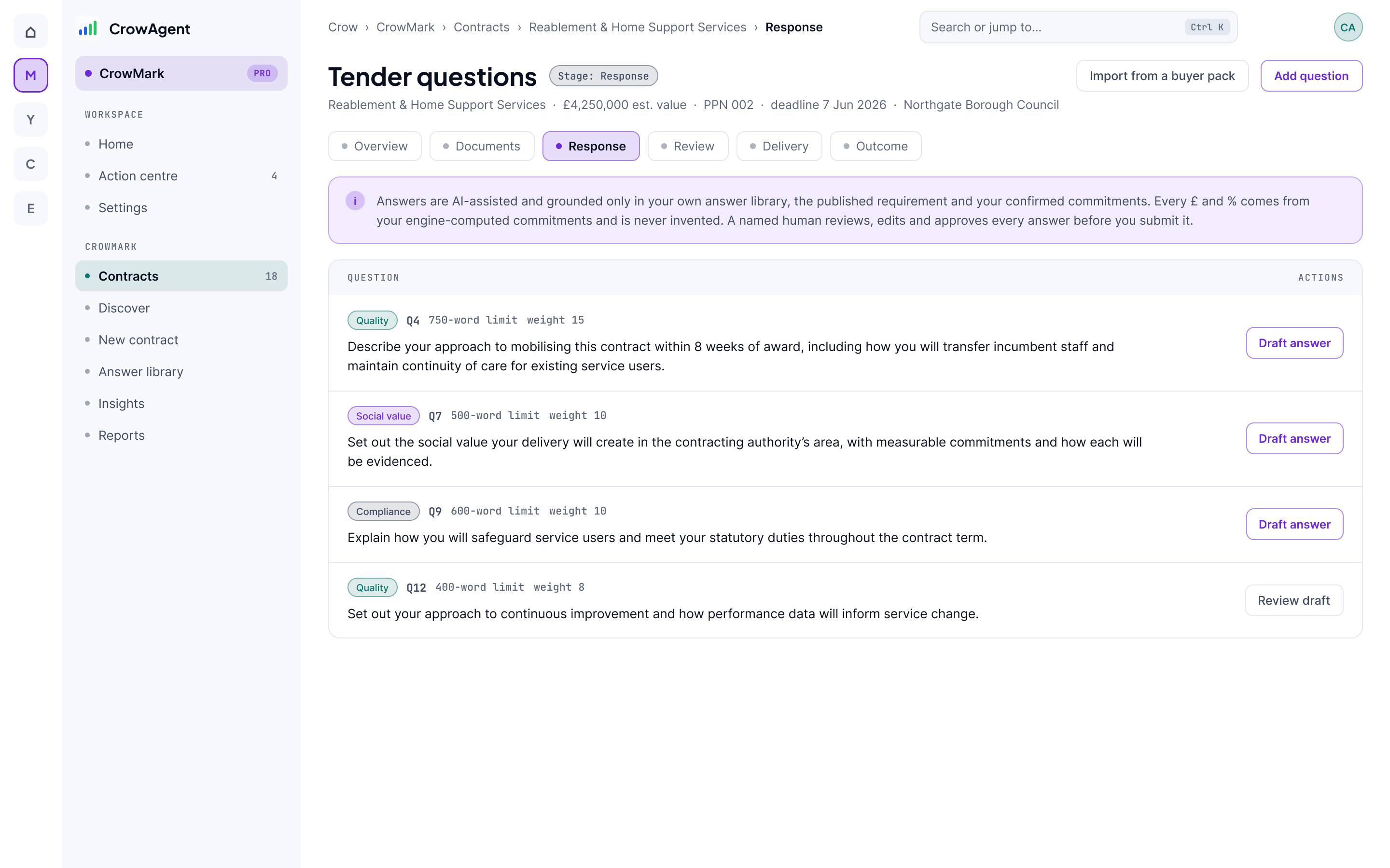 The CrowMark tender questions screen. A tender is broken into its scored questions, each with a category, a word limit, a weighting and a draft action. A banner states the grounding boundary: answers are grounded only in your own answer library, the published requirement and your confirmed commitments; every figure comes from computed commitments and is never invented; and a named human approves every answer before it is submitted.