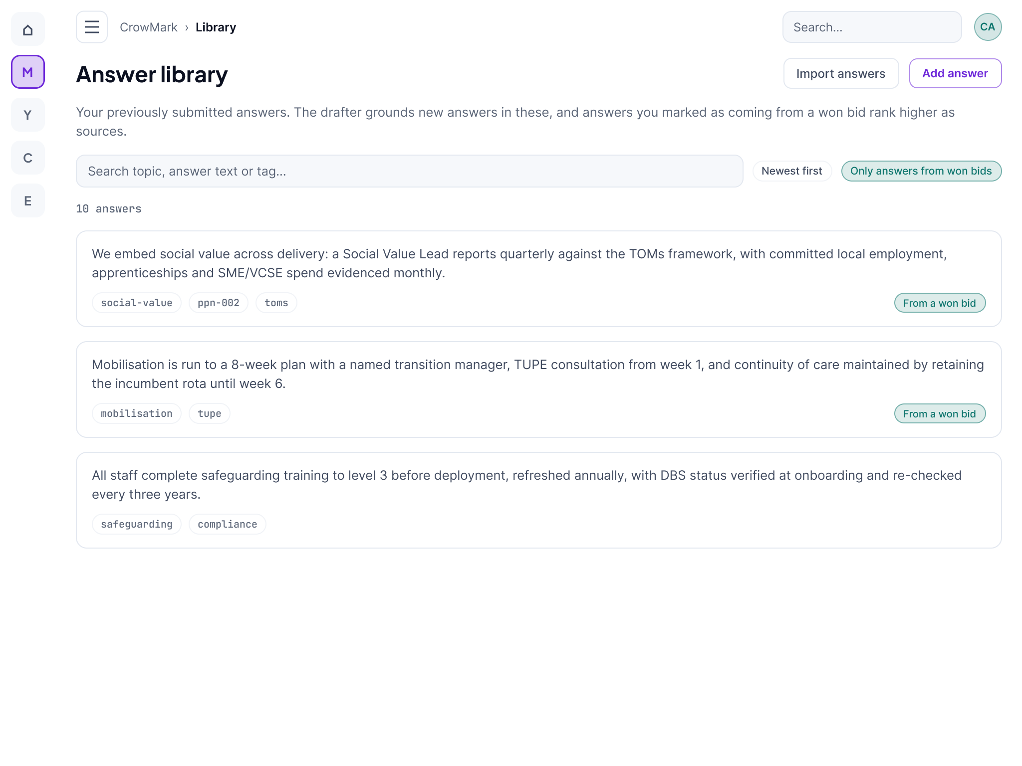 The CrowMark answer library at tablet width. Previously submitted answers are listed under the note that the drafter grounds new answers in these, and that answers marked as coming from a won bid rank higher as sources. A search field, a sort control and a won-bids filter sit above the list, and each answer carries topic tags.