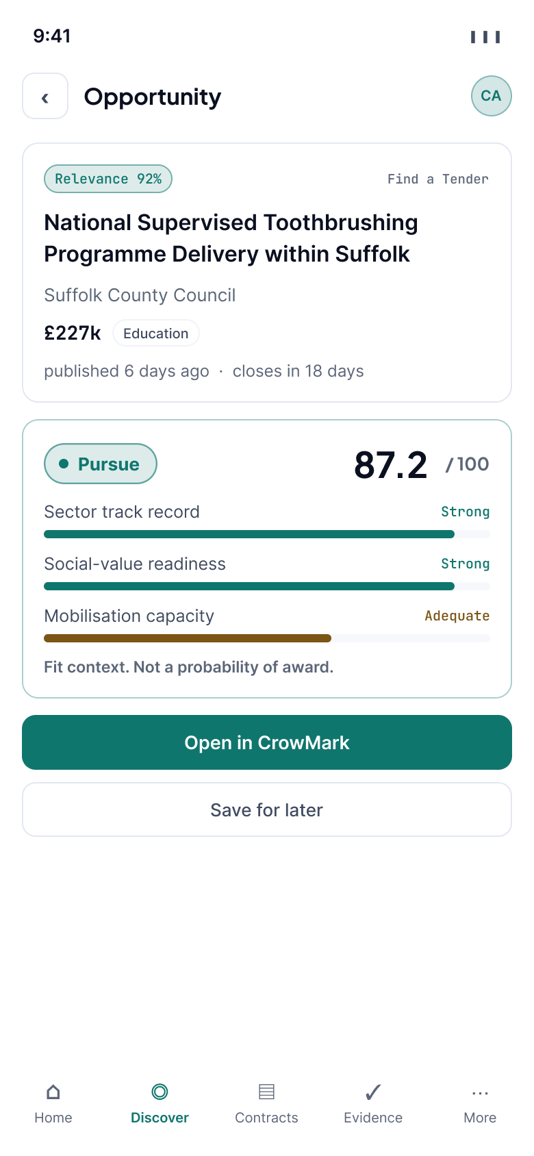 A single opportunity on a phone: the buying authority, the value, the sector, the relevance percentage, the register it came from and the closing date. A fit card below gives the score and three banded bars, and closes with the line “fit context, not a probability of award”. Open in CrowMark and Save for later sit above a bottom tab bar.